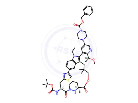 Chemical structure of benzyl 4-(5-((63S,4S,Z)-4-((tert-butoxycarbonyl)amino)-11-ethyl-10,10-dimethyl-5,7-dioxo-61,62,63,64,65,66-hexahydro-11H-8-oxa-2(4,2)-thiazola-1(5,3)-indola-6(1,3)-pyridazinacycloundecaphane-12-yl)-6-((S)-1-methoxyethyl)pyridin-3-yl)piperazine-1-carboxylate