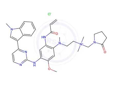 Chemical structure of 2-((2-Acrylamido-5-methoxy-4-((4-(1-methyl-1H-indol-3-yl)pyrimidin-2-yl)amino)phenyl)(methyl)amino)-N,N-dimethyl-N-((2-oxopyrrolidin-1-yl)methyl)ethan-1-aminium chloride