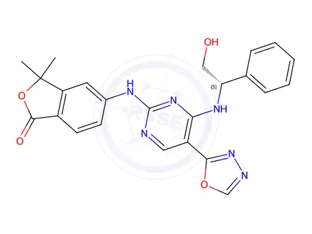 Chemical structure of 1(3H)-Isobenzofuranone, 5-[[4-[[(1S)-2-hydroxy-1-phenylethyl]amino]-5-(1,3,4-oxadiazol-2-yl)-2-pyrimidinyl]amino]-3,3-dimethyl-