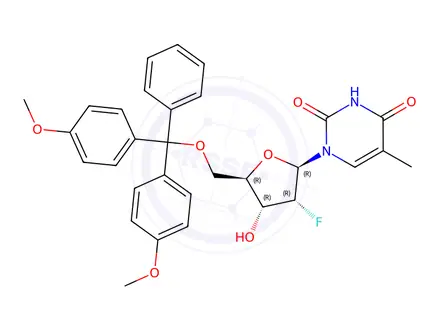 Chemical structure of 2'-Deoxy-5'-O-DMT-2'-fluoro-5-methyluridine