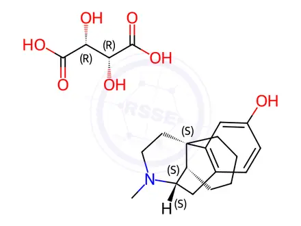 Chemical structure of (4bS,8aS,9S)-11-methyl-6,7,8,8a,9,10-hexahydro-5H-9,4b-(epiminoethano)phenanthren-3-ol (2S,3S)-2,3-dihydroxysuccinate