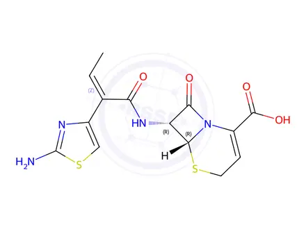 Chemical structure of (6R,7R)-7-((Z)-2-(2-Aminothiazol-4-yl)but-2-enamido)-8-oxo-5-thia-1-azabicyclo[4.2.0]oct-2-ene-2-carboxylic Acid