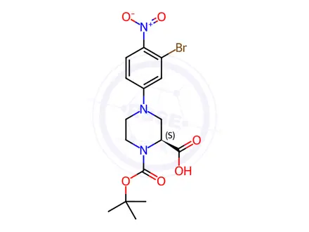 Chemical structure of (S)-4-(3-Bromo-4-nitrophenyl)-1-(tert-butoxy-carbonyl)piperazine-2-carboxylic acid