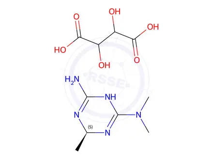 Chemical structure of (S)-N2,N2,6-trimethyl-3,6-dihydro-1,3,5-triazine-2,4-diamine 2,3-dihydroxysuccinate