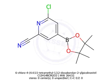 Chemical structure of 6-chloro-4-(4,4,5,5-tetramethyl-1,3,2-dioxaborolan-2-yl)picolinonitrile