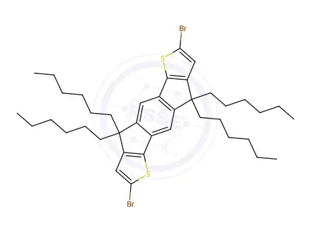 Chemical structure of 2,7-dibromo-4,4,9,9-tetrahexyl-4,9-dihydro-s-indaceno[1,2-b:5,6-b']dithiophene