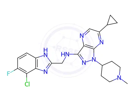 Chemical structure of N-((4-chloro-5-fluoro-1H-benzo[d]imidazol-2-yl)methyl)-6-cyclopropyl-1-(1-methylpiperidin-4-yl)-1H-pyrazolo[3,4-b]pyrazin-3-amine