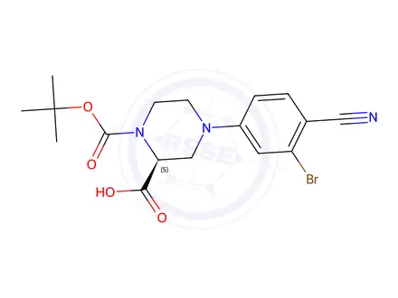 Chemical structure of (S)-4-(3-Bromo-4-cyanophenyl)-1-(tert-butoxy-carbonyl)piperazine-2-carboxylic acid