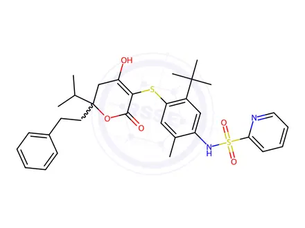 Chemical structure of N-(5-(tert-Butyl)-4-((4-hydroxy-6-isopropyl-2-oxo-6-phenethyl-5,6-dihydro-2H-pyran-3-yl)thio)-2-methylphenyl)pyridine-2-sulfonamide