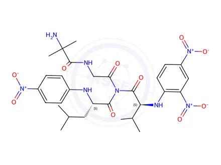 Chemical structure of 2,4-dinitrophenyl-valyl-2-aminoisobutyryl-glycyl-leucyl-4-nitroanilide