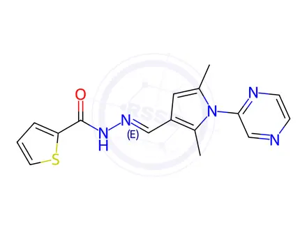 Chemical structure of N'-[(1E)-[2,5-Dimethyl-1-(pyrazin-2-yl)-1H-pyrrol-3-yl]methylidene]thiophene-2-carbohydrazide
