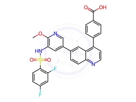 Chemical structure of 4-(6-(5-(2,4-difluorophenylsulfonamido)-6-methoxypyridin-3-yl)quinolin-4-yl)benzoic acid