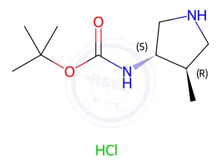 Chemical structure of (3S,4R)-(4-Methyl-pyrrolidin-3-yl)-carbamic acid tert-butyl ester hydrochloride