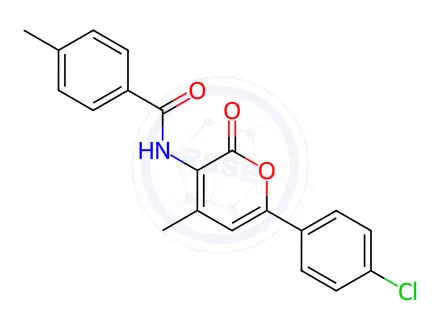 Chemical structure of N-(6-(4-chlorophenyl)-4-methyl-2-oxo-2H-pyran-3-yl)-4-methylbenzamide