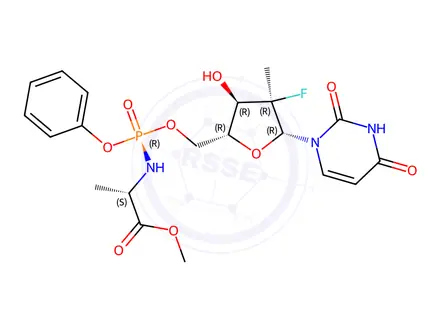 Chemical structure of Methyl ((R)-(((2R,3R,4R,5R)-5-(2,4-dioxo-3,4-dihydropyrimidin-1(2H)-yl)-4-fluoro-3-hydroxy-4-methyltetrahydrofuran-2-yl)methoxy)(phenoxy)phosphoryl)-L-alaninate