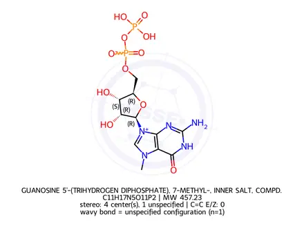Chemical structure of GUANOSINE 5'-(TRIHYDROGEN DIPHOSPHATE), 7-METHYL-, INNER SALT, COMPD. WITH N,N-DIETHYLETHANAMINE (1:2)