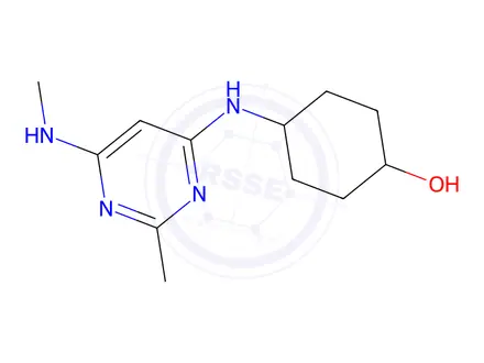 Chemical structure of 4-((2-methyl-6-(methylamino)pyrimidin-4-yl)amino)cyclohexan-1-ol