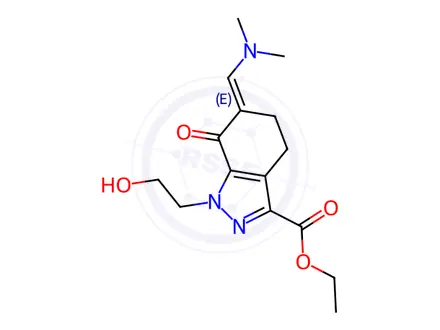 Chemical structure of Ethyl 6-((dimethylamino)methylene)-1-(2-hydroxyethyl)-7-oxo-4,5,6,7-tetrahydro-1H-indazole-3-carboxylate