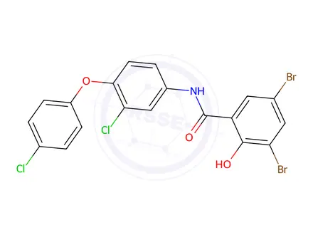 Chemical structure of 3,5-dibromo-N-[3-chloro-4-(4-chlorophenoxy)phenyl]-2-hydroxybenzamide