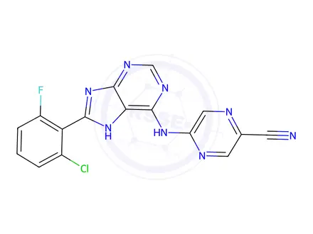 Chemical structure of 5-((8-(2-Chloro-6-fluorophenyl)-7H-purin-6-yl)amino)pyrazine-2-carbonitrile