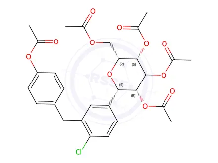 Chemical structure of (2S,3R,5S,6R)-2-(3-(4-acetoxybenzyl)-4-chlorophenyl)-6-(acetoxymethyl)tetrahydro-2H-pyran-3,4,5-triyl triacetate