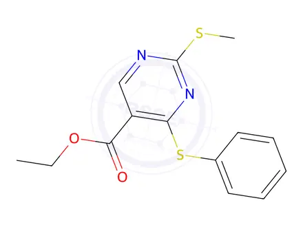 Chemical structure of Ethyl 2-(methylsulfanyl)-4-(phenylsulfanyl)-5-pyrimidinecarboxylate