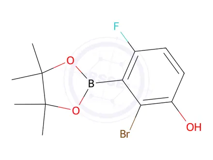 Chemical structure of 2-Bromo-4-fluoro-3-(4,4,5,5-tetramethyl-1,3,2-dioxaborolan-2-yl)phenol