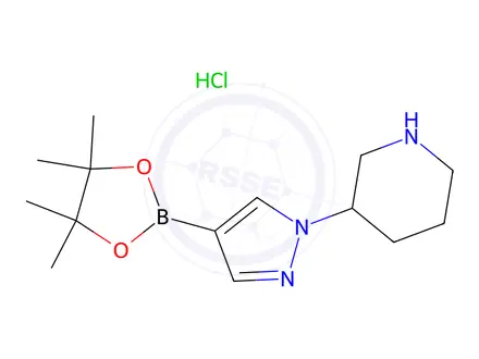 Chemical structure of 3-[4-(Tetramethyl-1,3,2-dioxaborolan-2-yl)pyrazol-1-yl]piperidine hydrochloride