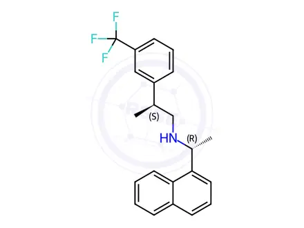 Chemical structure of (S)-N-((R)-1-(naphthalen-1-yl)ethyl)-2-(3-(trifluoromethyl)phenyl)propan-1-amine