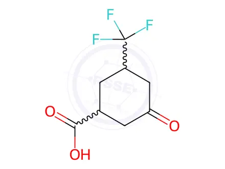 Chemical structure of 3-oxo-5-(trifluoromethyl)cyclohexane-1-carboxylic acid