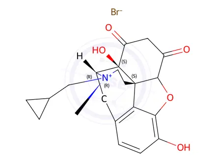 Chemical structure of (3R,4R,4aS,12bS)-3-(cyclopropylmethyl)-4a,9-dihydroxy-3-methyl-5,7-dioxo-2,3,4,4a,5,6,7,7a-octahydro-1H-4,12-methanobenzofuro[3,2-e]isoquinolin-3-ium bromide