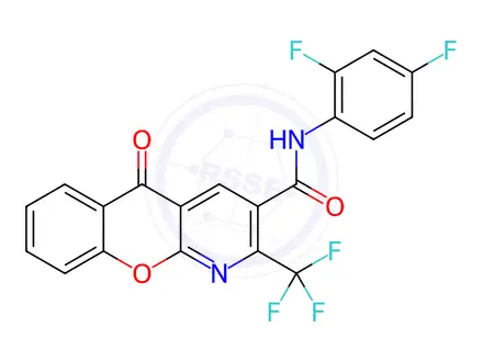Chemical structure of N-(2,4-difluorophenyl)-5-oxo-2-(trifluoromethyl)-5H-chromeno[2,3-b]pyridine-3-carboxamide