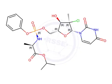 Chemical structure of (2S)-isopropyl2-(((((2R,3R,4R,5R)-4-chloro-5-(2,4-dioxo-3,4-dihydropyrimidin-1(2H)-yl)-3-hydroxy-4-methyltetrahydrofuran-2-yl)methoxy)(phenoxy)phosphoryl)amino)propanoate
