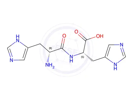 Chemical structure of (S)-2-((R)-2-Amino-3-(1H-imidazol-4-yl)propanamido)-3-(1H-imidazol-4-yl)propanoic acid