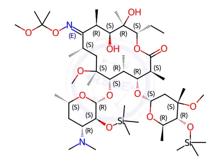 Chemical structure of 6-O-Methyl-2,4-bis-O-(trimethylsilyl)erythromycin9-[O-(1-ethoxy-1-methylethyl)oxime]