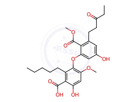 Chemical structure of Benzoic acid,6-hydroxy-3-[5-hydroxy-2-(methoxycarbonyl)-3-(3-oxopentyl)phenoxy]-4-methoxy-2-pentyl-