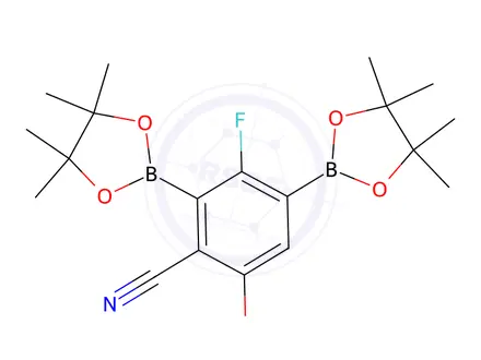 Chemical structure of 3-Fluoro-6-isopropoxy-2,4-bis(4,4,5,5-tetramethyl-1,3,2-dioxaborolan-2-yl)benzonitrile