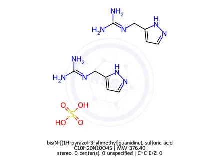Chemical structure of bis(N-[(1H-pyrazol-3-yl)methyl]guanidine), sulfuric acid