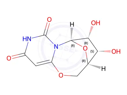 Chemical structure of (3R)-3,4,5,6-Tetrahydro-4β,5β-dihydroxy-3β,6β-epoxy-2H,8H-pyrimido[6,1-b][1,3]oxazocine-8,10(9H)-dione