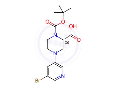 Chemical structure of (S)-4-(5-Bromopyridin-3-yl)-1-(tert-butoxycarbonyl)-piperazine-2-carboxylic acid