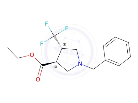 Chemical structure of ethyl (3R,4R)-1-benzyl-4-(trifluoromethyl)pyrrolidine-3-carboxylate