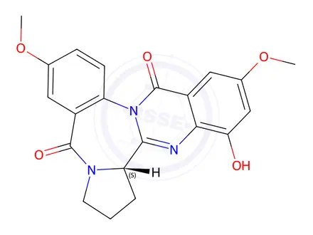 Chemical structure of 10H,16H-Pyrrolo[2,1-c]quinazolino[3,2-a][1,4]benzodiazepine-10,16-dione, 5b,6,7,8-tetrahydro-4-hydroxy-2,12-dimethoxy-, (5bS)-(9CI)