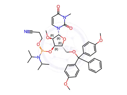Chemical structure of Uridine, 5'-?O-?[bis(4-?methoxyphenyl)?phenylmethyl]?-?3-?methyl-?2'-?O-?methyl-?, 3'-?[2-?cyanoethyl bis(1-?methylethyl)?phosphoramidite] (9CI)