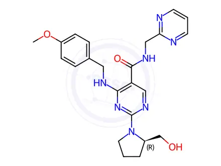 Chemical structure of (R)-2-(2-(Hydroxymethyl)pyrrolidin-1-yl)-4-((4-methoxybenzyl)amino)-N-(pyrimidin-2-ylmethyl)pyrimidine-5-carboxamide