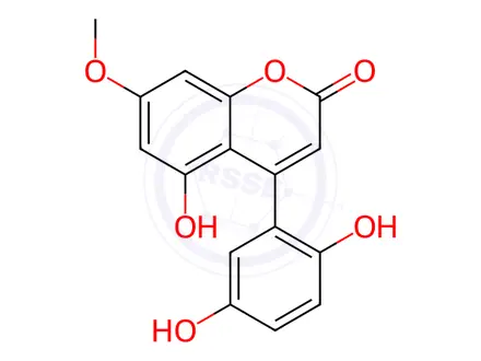 Chemical structure of 7-Methoxy-5,2',5'-trihydroxy-4-phenylcoumarin