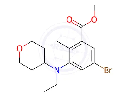 Chemical structure of Benzoic acid, 5-broMo-3-[ethyl(tetrahydro-2H-pyran-4-yl)aMino]-2-Methyl-, Methyl ester