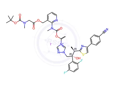 Chemical structure of 4-(1-(((3-(((N-(tert-Butoxycarbonyl)-N-methylglycyl)oxy)methyl)pyridin-2-yl)(methyl)carbamoyl)oxy)ethyl)-1-((2R,3R)-3-(4-(4-cyanophenyl)thiazol-2-yl)-2-(2,5-difluorophenyl)-2-hydroxybutyl)-1H-1,2,4-triazol-4-ium Iodide