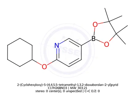 Chemical structure of 2-(Cyclohexyloxy)-5-(4,4,5,5-tetramethyl-1,3,2-dioxaborolan-2-yl)pyridine