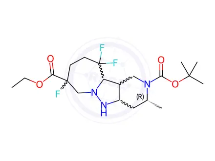 Chemical structure of O4-tert-butyl O11-ethyl (5R)-11,14,14-trifluoro-5-methyl-4,8,9-triazatricyclo[7.5.0.027]tetradeca-1,7-diene-4,11-dicarboxylate