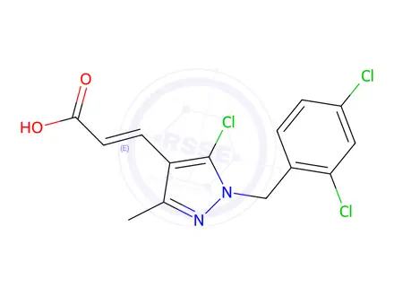Chemical structure of (2e)-3-{5-chloro-1-[(2,4-dichlorophenyl)methyl]-3-methyl-1h-pyrazol-4-yl}prop-2-enoic acid